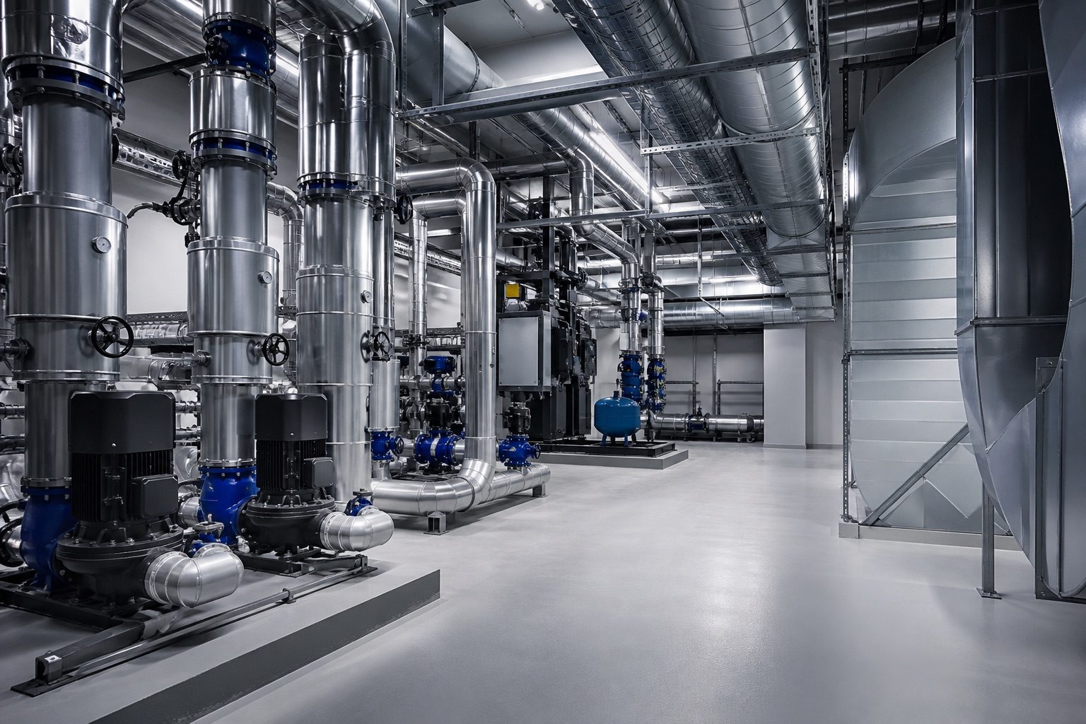 Modern mechanical plant room with engineered pipework