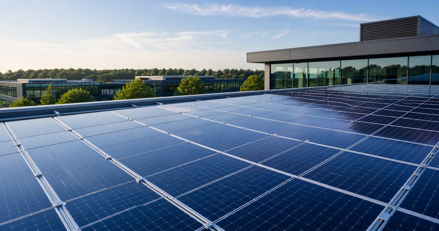 Solar panels integrated into a modern commercial building