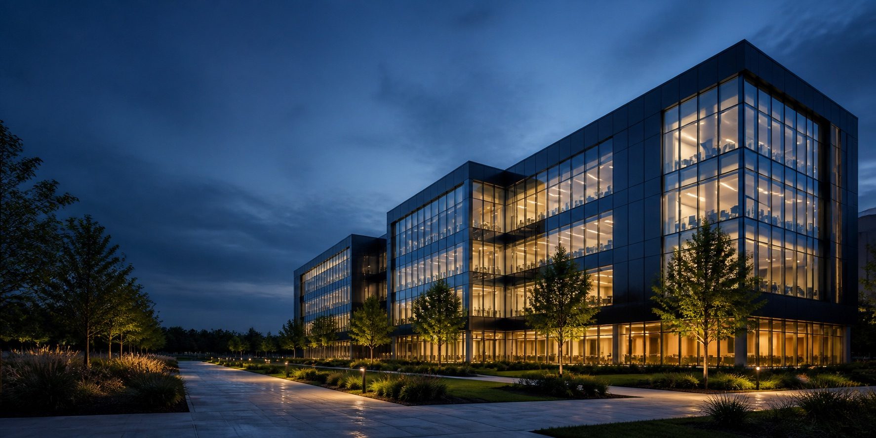 Energy-efficient commercial building at dusk